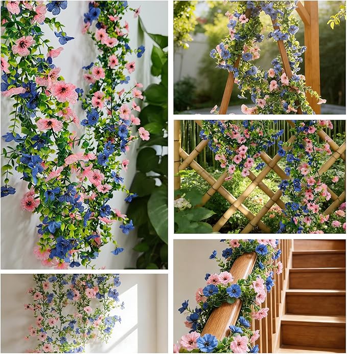 4 Pcs Faux Flowers Garland Plant, Artificial Vines Hanging Flowers Leaves Greenery Garland for Wedding Backdrop Arch Wall Decor, 6 Feet/pcs UV Resistant Indoor Outdoor