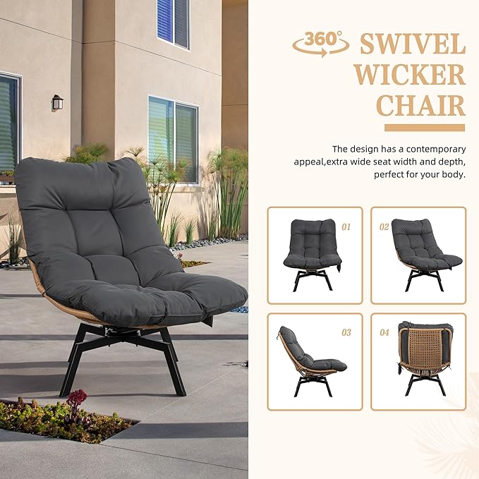 Vongrasig Swivel Wicker Chair PE Rattan Chair with Cushion, Oversized Patio Lounge Chair for Outdoor, Indoor, Balcony, Backyard, Garden, Living Room, Black