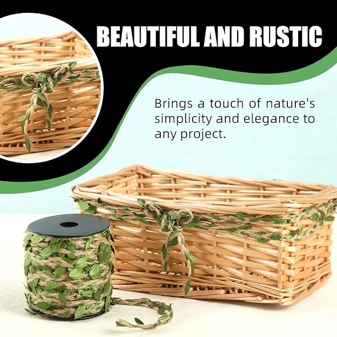 Natural Jute Twine with Green Leaf - 100 Feet (30 Meters) | Decorative Garden String for Gift Wrapping, Crafts, Wedding Decor