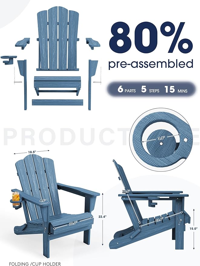 KINGYES Folding Adirondack Chair Set of 2, HDPE All-Weather Patio Chairs with Cup Holder, Wooden Textured Fire Pit Chairs for Poolside, Backyard, Deck, Navy
