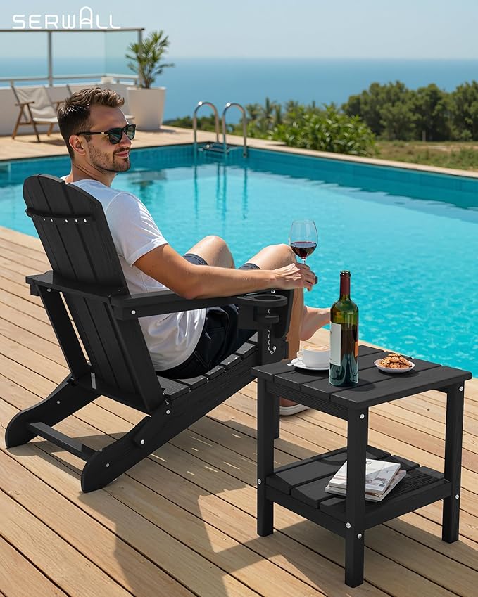 SERWALL 2-Tier HDPE Outdoor Side Tables Set of 2, Weatherproof Rectangular Adirondack Side Table, Black