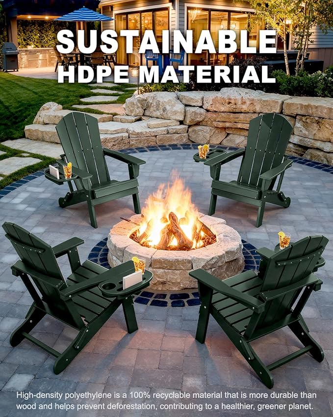 Adirondack Chair Set of 4, HDPE Folding Adirondack Chair with Multifunctional Cup Holder, Weather Resistant Fire Pit Chair for porches, patios, poolsides, Decks.