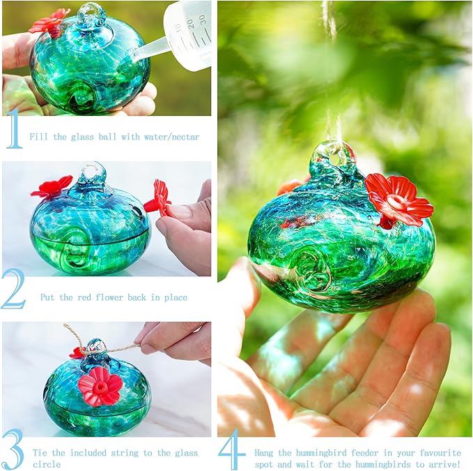 3inch Blown Glass Hummingbird Feeders for Outdoors Small Glass Hummingbird Feeders to Attract Hummingbirds Ant and Bee Resistant Round Feeder Unique Gifts for Woman - 2 Feeding Ports
