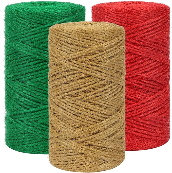 Tenn Well Colored Jute Twine, 3 Rolls 984 Feet 2mm Red Green Brown Jute String, Christmas Twine for Gift Wrapping, Holiday Decorations, Bundling, DIY Crafts