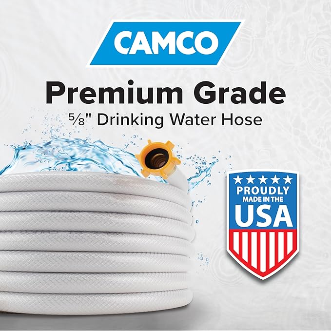 Camco Drinking Water Hose, 50', Reinforced PVC | Drinking Water Safe | Brass Fittings | Swivel Female Connector | 5/8-Inch ID