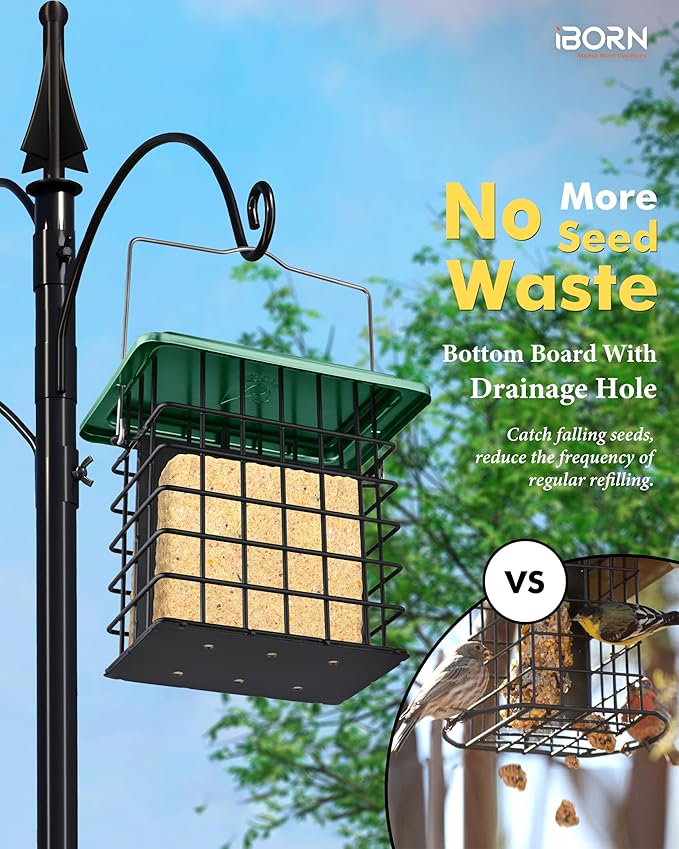 iBorn Double Suet Feeder- Metal Roof Bird Feeder with Taller Grid for Woodpeckers, Suet Cake Cage Bird Feeder for Outdoors Hanging,Easy-Clean & Refill,Green (1 Pack)