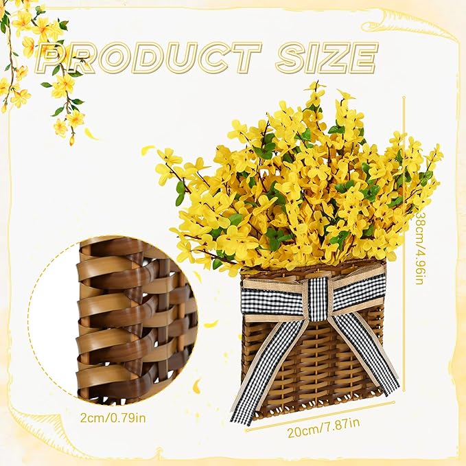 Yellow Forsythia Wreath Spring Door Hanger Basket Wreath, Artificial Spring Summer Flowers Wreathes with Green Leaves for Front Door Indoors Outdoor Decor Rustic and Farmhouse Yellow Wreathes