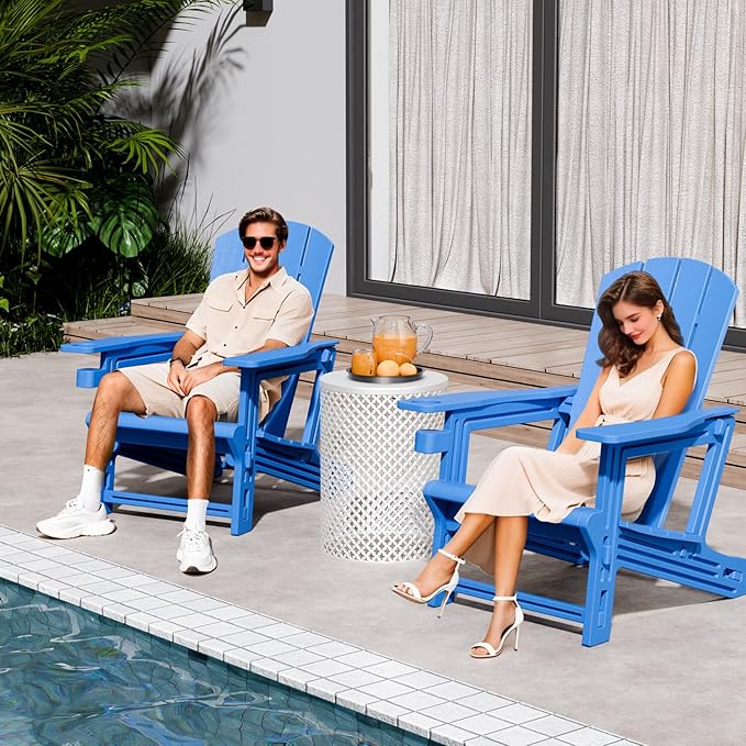 Adirondack Chairs Set of 2, Plastic Outdoor Adirondack Chair with Cup Holder, 400 LBS Capacity Recliner Chair Garden Chair for Patio Backyard Lawn Beach, Klein Blue