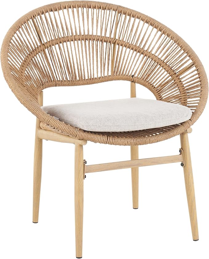 Christopher Knight Home Cyril Papasan Chair Set of 2, Patio Wicker Dining Chair, Patio Furniture Set, Comfy Reading Single Sofa with Cushion, Light Brown+Beige