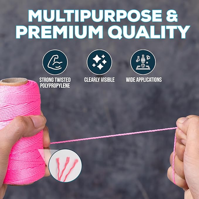 Mason Line String 1.3mm Thick Twisted Polypropylene – Durable Construction Twine for Laying Bricks, Blocks, Fences in Gardening, DIY & Landscaping Projects (Pink, 393 Ft)
