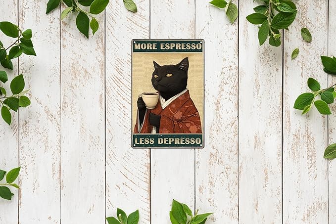 Retro Funny Black Cat Decor More Espresso Less Depressed Garden Fence Wall Decor Metal Tin Signs Garage Man Cave Gift Retro Bar Art Bathroom Decor 12x8 in