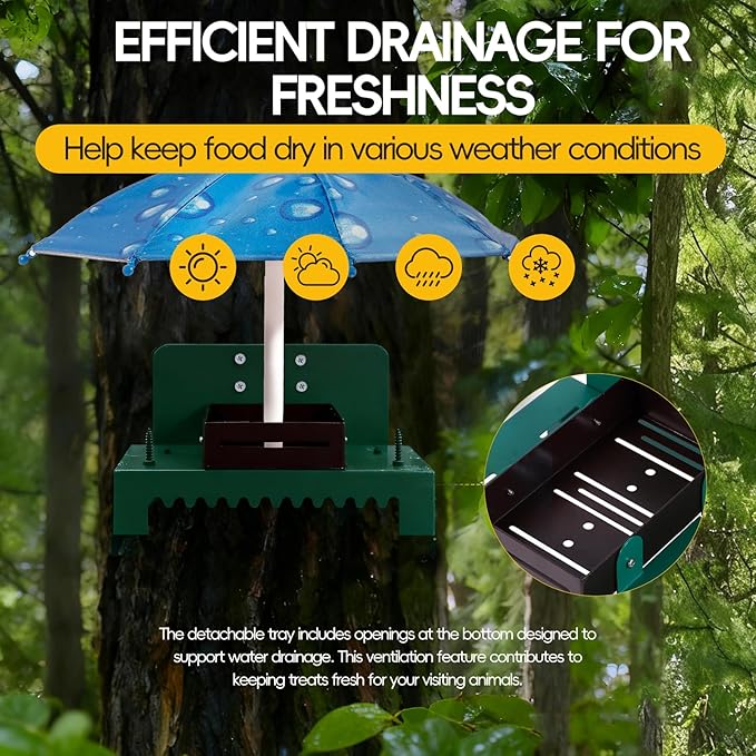Metal Squirrel Feeder Picnic Table with Umbrella - Heavy Duty Iron Outdoor Chipmunk Feeder, Rust Resistant Corn Cob Holder, Funny Backyard Wildlife Gift for Nature Lovers. (Blue)