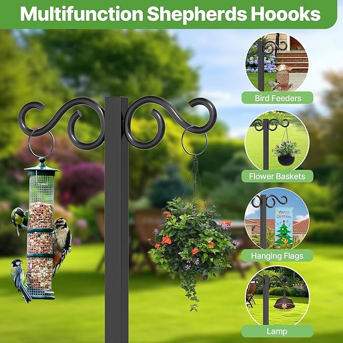 Heavy Duty Garden Hose Holder for Outside - Dual Side Hooks & Shepherd Hook - Freestanding Water Hose Holder - Holds Bird Feeders/Lights/Plants - Sturdy Hose Reel for Outside