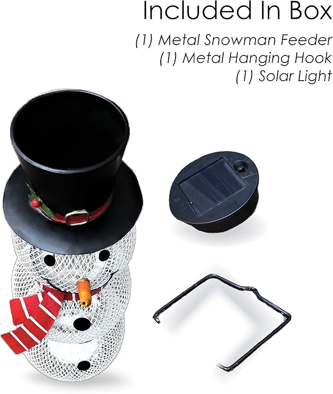 Backyard Expressions Metal Snowman Bird Feeder with Solar Light – Hanging Mesh Bird Feeder for Outside, Winter Garden Décor, Rust-Resistant Christmas Bird Feeder for Cardinals, Finches & Songbirds
