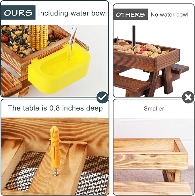 MIXXIDEA Wooden Squirrel Feeder Table with Water Bowl, Squirrel Picnic Table for Outside with Umbrella, Brown Squirrel Feeder with Corn Cob Holder Cute Chipmunk Feeder (Brown)