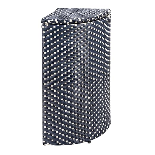 happimess HPM1200B Chloe 15.56-Gallon All-Weather Wicker/Metal Corner Hideaway Outdoor Trash Can, Navy/White, Classic, Coastal, Casual Wastebin for Backyard, Patio, Porch, Kitchen