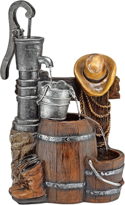 Alpine Corporation Outdoor Vintage Pump and Barrel with Cowboy Hat Fountain Yard Art Decor, 26" Tall, Brown