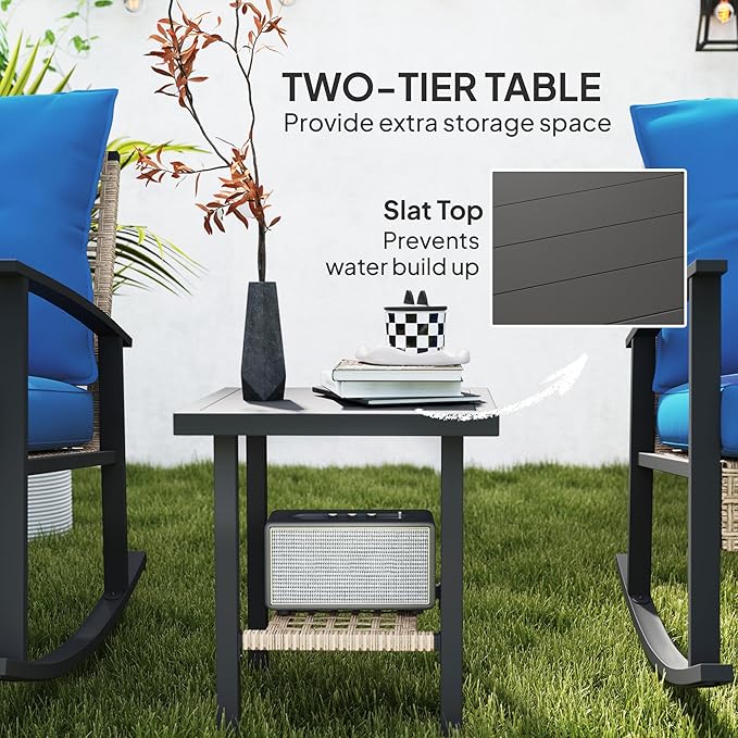 Outsunny 3 Pieces Rocking Wicker Outdoor Bistro Set, Rattan Patio Furniture Set with Coffee Table and Porch Chairs, Button Tufted Cushions for Backyard, Balcony, Garden, Dark Blue
