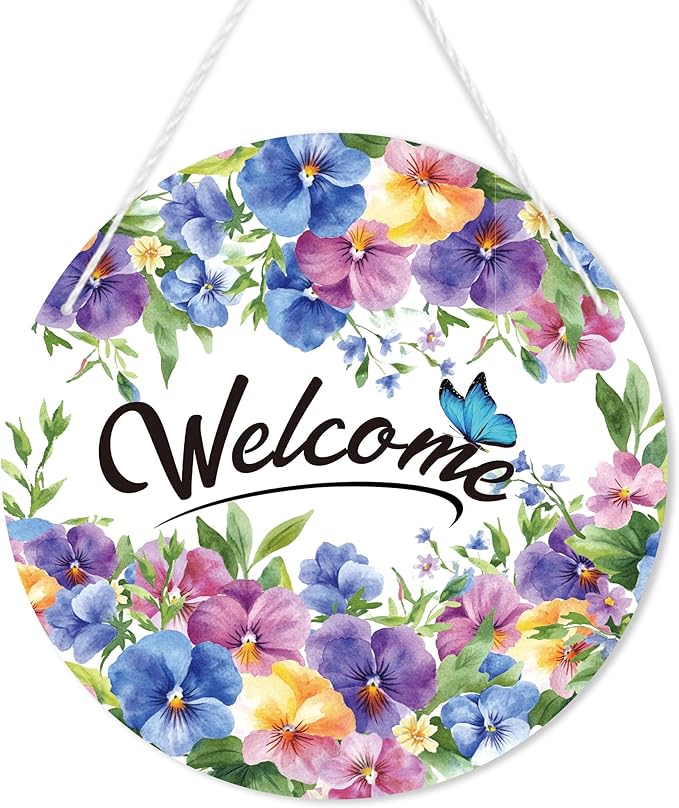 1 Pc Summer Floral Welcome Door Sign, Pansy Flower Butterfly Door Hanging Sign, Spring Summer Holiday Farmhouse Home Porch Window Decor, 11 x 11 inches