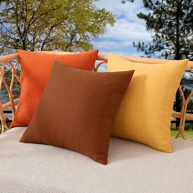 Kevin Textile Fall Outdoor Waterproof Throw Pillow Covers Decorative Farmhouse Water Resistant Checkered Cushion Covers for Tent Patio Garden Couch Sofa Pack of 2 (24x24 Inch Orange)
