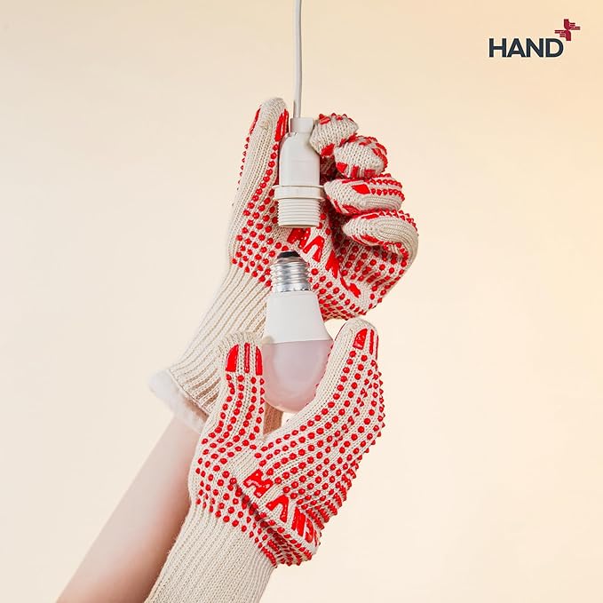 Hand+ Heat Resistant Oven Gloves (Size S/M) 932°F / 500°C for BBQ Baking Cooking Smoker Fireplace Camping with Silicone Grip Thermo Dot Level 4 EN407 Certified