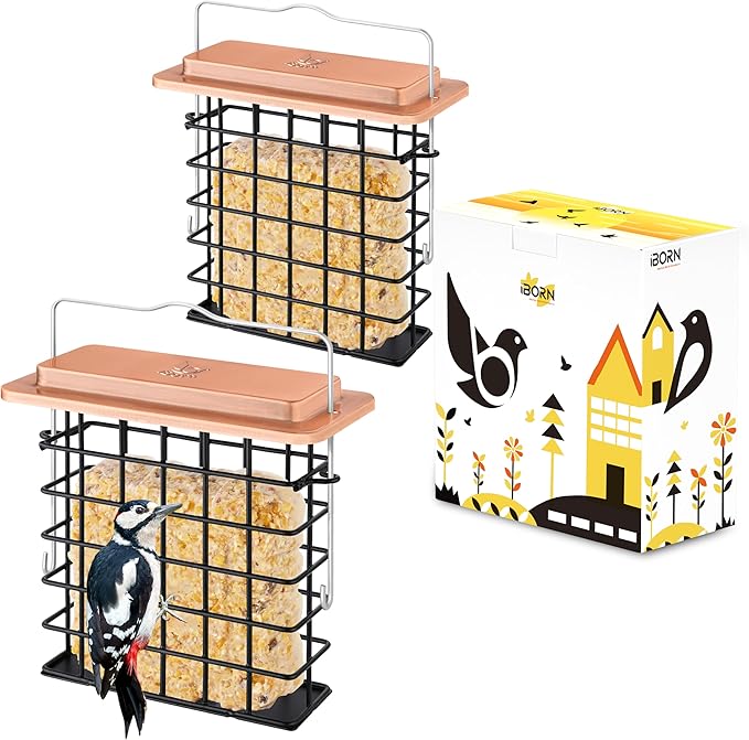 iBorn Suet Feeder Suet Bird Feeders [Single Capacity] for Outside Hanging with Taller Grid for Woodpecker,Metal Brushed Copper（Pack of 2）