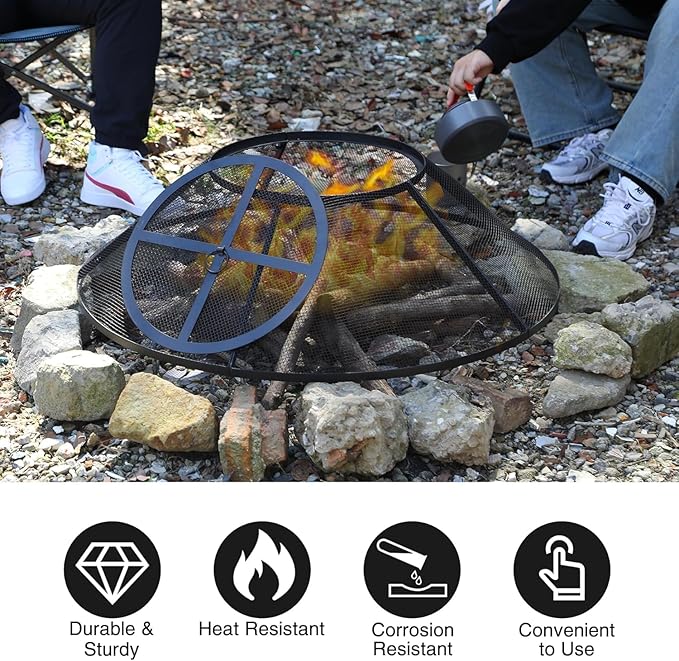REDCAMP Fire Pit Spark Screen 36 Inch Round with Removable Lid, Outdoor Heavy Duty Fire Pit Screen Mesh Firepit Screen Cover with Handle & Poker for Patio Backyard Beach