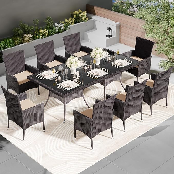 Kullavik 10-Piece Outdoor Dining Set Patio Rattan Furniture Set,Patio Dining Table and Chairs Set with 8 Chairs and Cushions,Square Glass Tabletop with Umbrella Hole for Patio,Sand