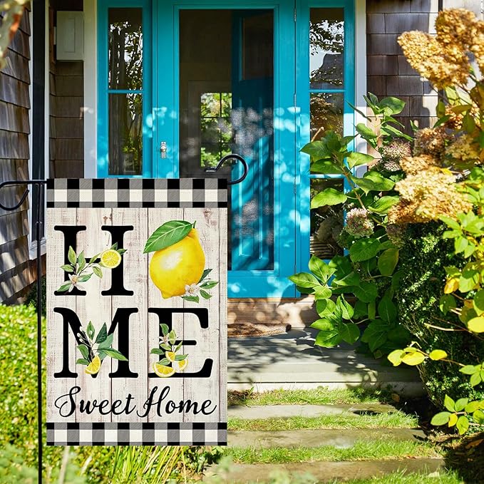 ORTIGIA Summer Lemon Garden Flag 12.5 x 18 Inch Double Sided Burlap Home Sweet Home Yellow Fruit Small Yard Flag Farmhouse Holiday Seasonal Outdoor Outside Decoration