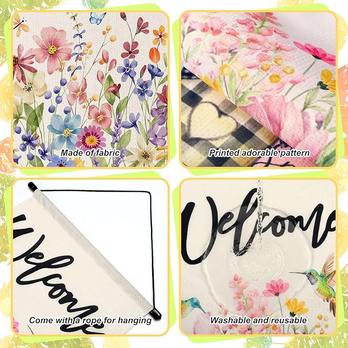 Tegeme 3 Pcs Hello Spring Door Sign Flag Spring Flower Door Banner Holiday Welcome Flag Wall Hanging Decoration for Party Holiday Outdoor Indoor Home