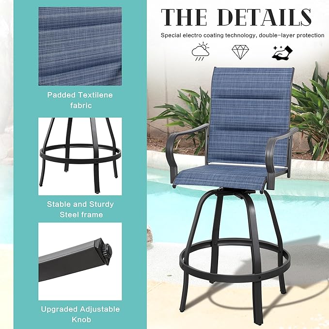 Vongrasig 6 Piece Outdoor Patio Swivel Bar Chairs, All Weather Padded Sling Textile High Top Bar Stools, Bistro Set for Backyard, Lawn Garden, Balcony, Padded Blue