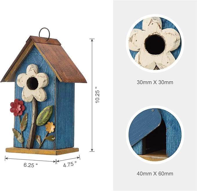 Glitzhome Hanging Bird House for Outdoor, 10.2" H Patio Garden Decorative Birdhouse Pet Cottage Distressed Wooden Bird House for Swallow Sparrow Finch Cardinals, Flower Rustic Blue