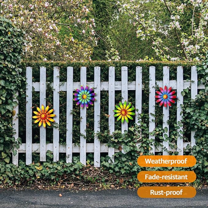 Giyyomtr Metal Flowers Wall Decor - 4pcs Metal Sunflowers Wall Art Hanging Decorations for Outdoor Fence Garden Yard Patio Decor, Gift for Mom Friends