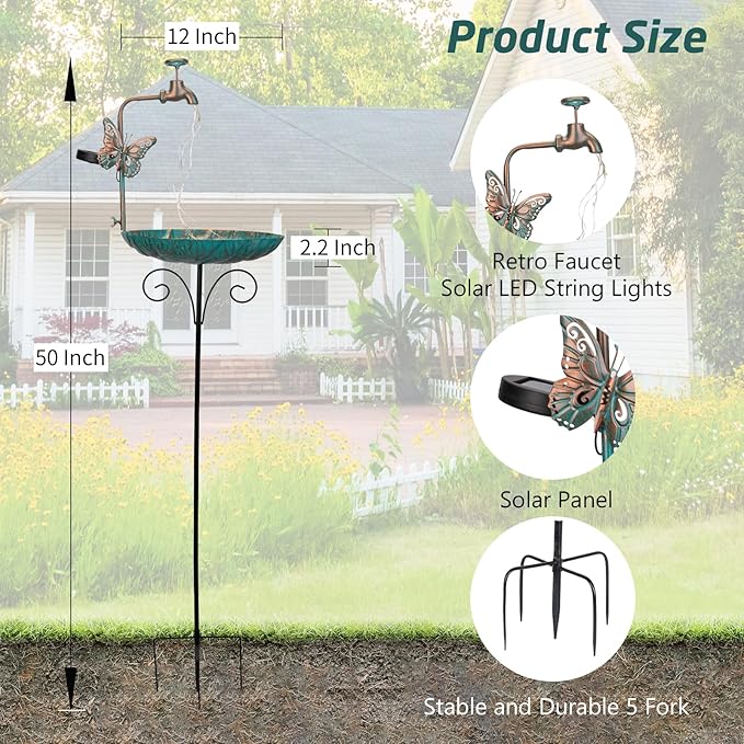 dreamysoul 50” Height Solar Bird Bath with Metal Stake Antique Bronze Faucet Solar String Light Birdbath for Outdoor Garden Decoration