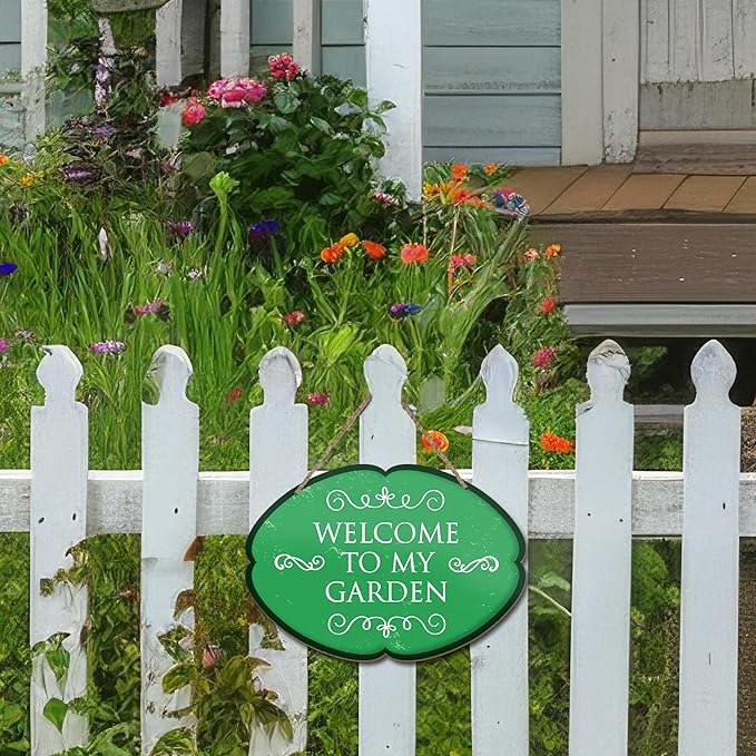 Rustic Garden Hanging Sign, Welcome To My Garden Wooden Decor, Yard Welcome Sign Gardening Gifts and Decorations for Gardeners Plant Lovers 7 x 10 Inch (Green)
