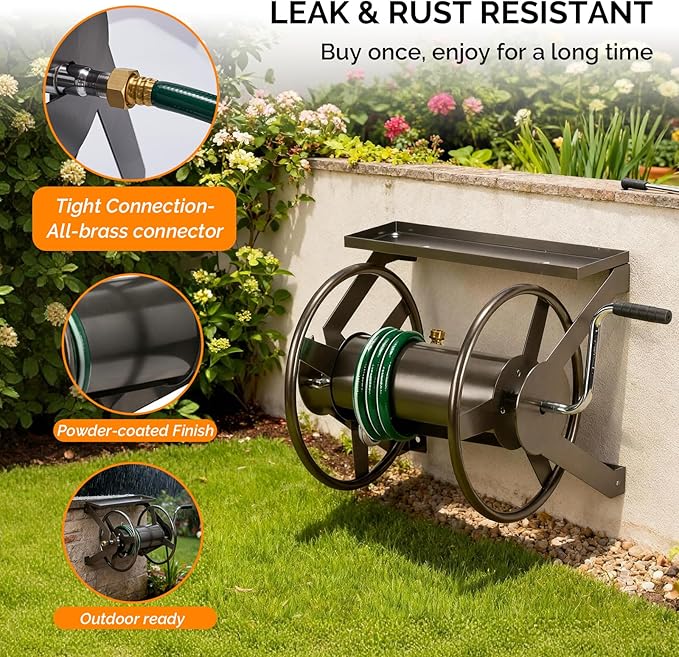 VINGLI Garden Hose Reel, Wall Mount Water Hose Reel for Garden Outside with Heavy Duty Space Saving Rolling Design Metal, 175FT Capacity for 3/4" Hose for Outdoor Use (Bronze)