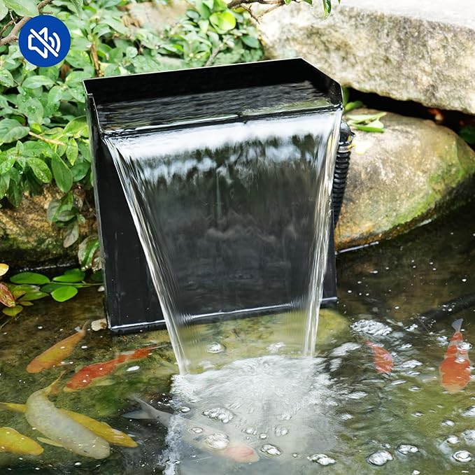 POPOSOAP Pond Waterfall Spillway with 660GPH Pump Kit, 304 Stainless Steel Waterfall with Filtration &9.8FT Corrugated Tubing Outdoor Fountain Kit for Garden, Koi Pond, Backyard,13.4" H x 12"W-P43H