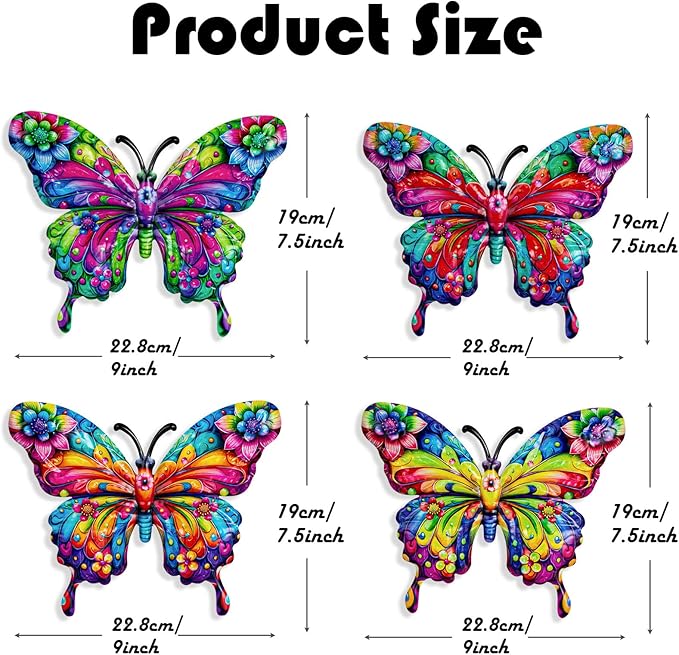SUNREEK 4Pcs Metal Butterfly Wall Decor, 9 Inches Butterfly Outdoor Wall Art for Fence Garden Yard Room Patio Balcony Decorations