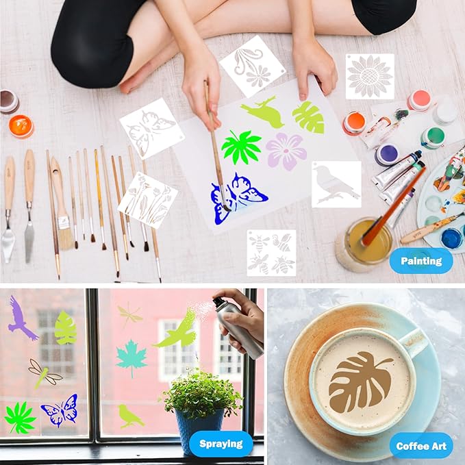 80 Pcs Small Nature Stencils for Painting on Rocks & Wood Slices, 3x3 Inch Reusable Flower Bird Butterfly Stencils, Mini Floral Templates for Crafts, Scrapbooking, Card Making, and DIY Ornaments