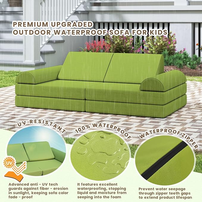 jela Kids Couch, Waterproof Kids Modular Sofa for Outdoor & Indoor, UV Resistant Child Sectional Sofa, Foam Play Couch Playhouse Play Set for Children Adults(Grass Green)
