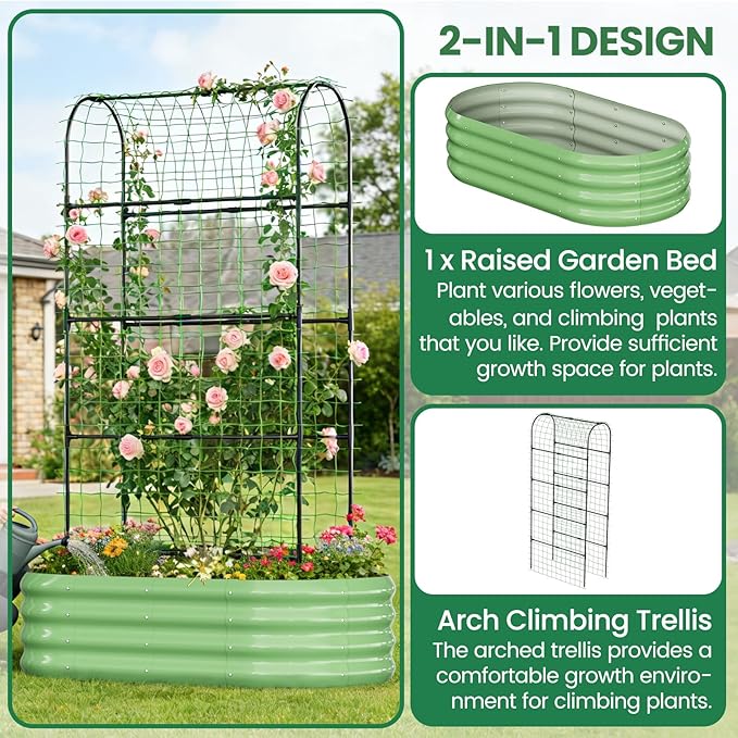 SUNYRISY Galvanized Raised Garden Bed with 71in Arch Trellis for Climbing Plants, Outdoor Planter Box with Climbing Net for Gardening Flowers Vegetables Fruits Herbs, Green