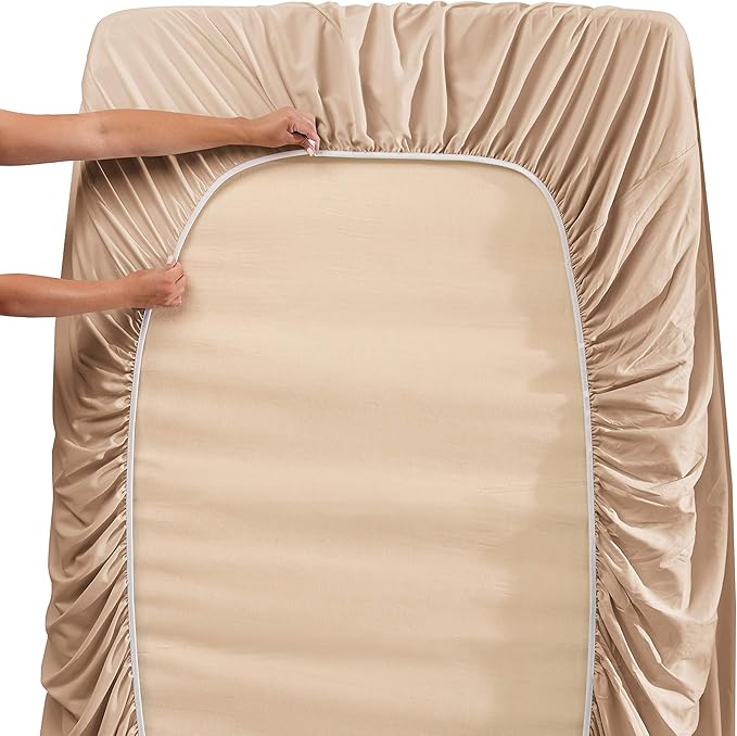 Clara Clark Deep Pocket Queen Fitted Sheet Fits up to 21 Inch Mattress - Super Soft Queen Fitted Sheet Only, Fade, Stain Resistant - Taupe Sand Fitted Sheet Queen Size,