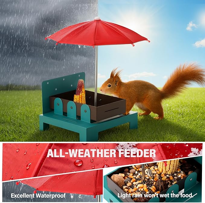 Squirrel Picnic Table Feeder with Umbrella – Metal Squirrel Feeder for Outdoors, Large Food Tray & Corn Cob Holder, Funny Picnic Table for Wildlife, Tree-Mount Squirrel Table Feeding Station