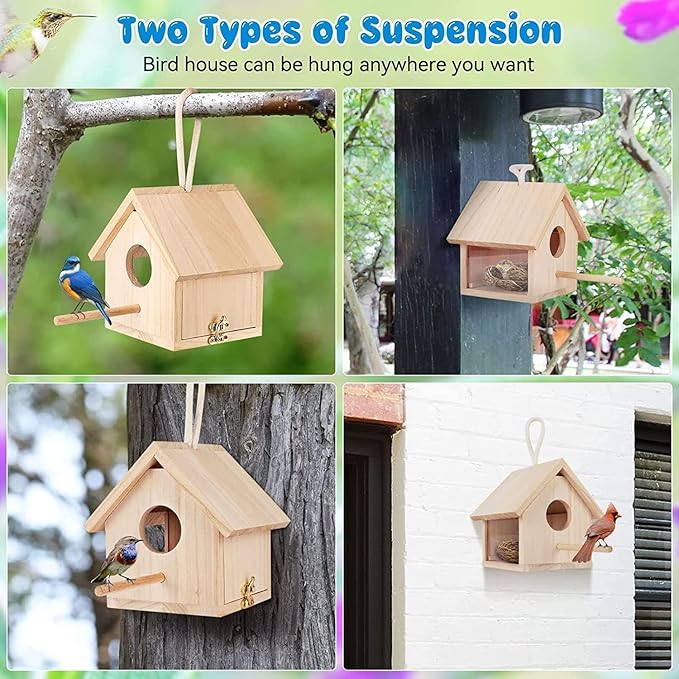 Bird Houses for Outside Clearance with Pole, Wood Birdhouse Blue Transparent Outdoor Bird Houses for Hanging Garden Birdhouse Clearance for Finch Swallow Sparrow Hummingbird Throstle