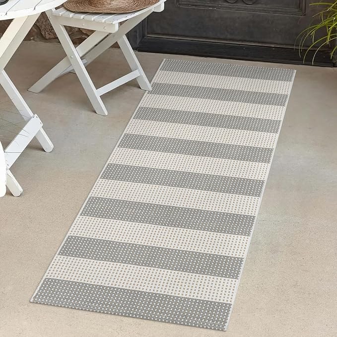 Grey and White Outdoor Runner Rug 2x4.3,Washable Reversible Welcome Door Mat,Cotton Hand Woven Front Porch Decor,Foldable Layered Doormat Indoor Outdoor Rugs for Entryway/Farmhouse