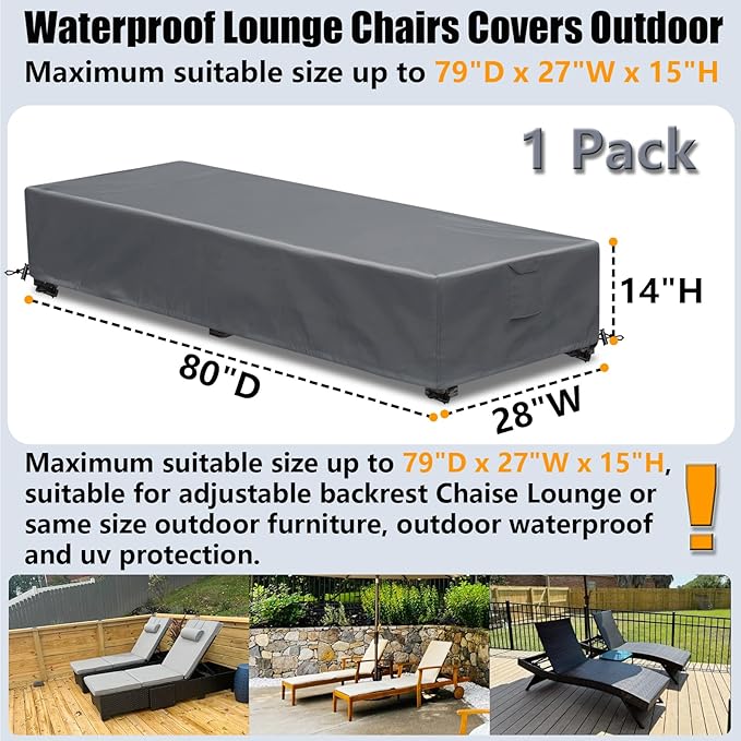 Waterproof Patio Lounge Chair Cover 1 Pack Outdoor Chaise Lounge Covers 600D Weather Resistant Material, UV Protection, Windproof Design Outside Furniture Covers 80" x 28" x 14" H,Grey