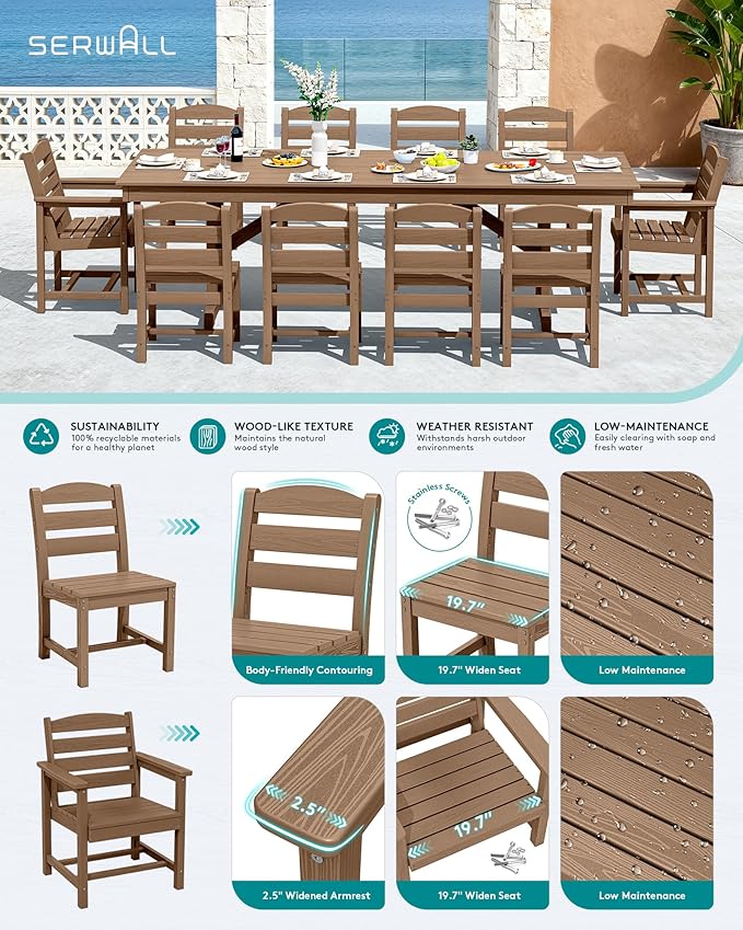 SERWALL 11 Piece Outdoor Dining Set, 84" HDPE Outdoor Table and Chairs for 10，All Weather Patio Furniture Set with Umbrella Hole for Backyard, Garden, Brown