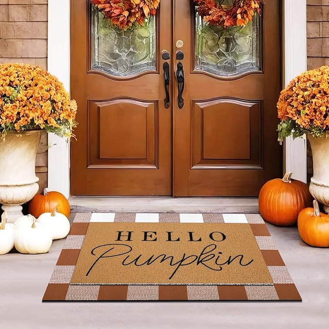 Tinideya 2 Pcs Fall Door Mat Hello Pumpkin Welcome Non Slip Coir Mats Thanksgiving Black White Plaid Harvest Floor Layering Doormats Seasonal for Front Porch Entryway Decor(Brown White Plaid)