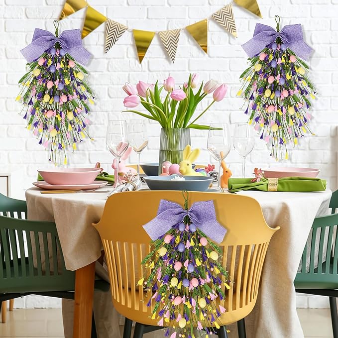 2 Pack 24'' Easter Teardrop Swags for Front Door Pastel Easter Eggs Teardrop Wreath Artificial Spring Floral Hanging Swags with Ribbon Berry for Farmhouse Home Outdoor Window Cabinet Wall Decor