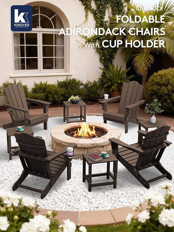 KINGYES Folding Adirondack Chair Set of 2, HDPE All-Weather Patio Chairs with Cup Holder, Wooden Textured Fire Pit Chairs for Poolside, Backyard, Deck, Coffee